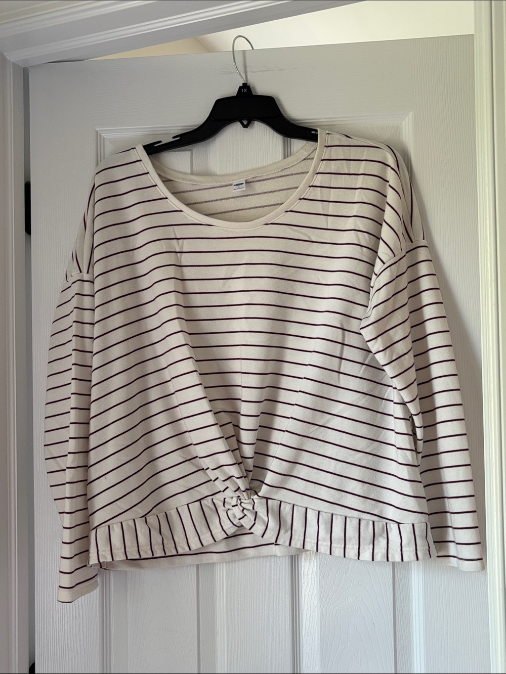 Old Navy Cream Top with Burgundy Stripes and Front Twist